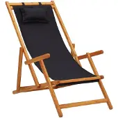 vidaXL Chaise de plage pliante en bois massif d'eucalyptus et tissu noir