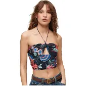 Superdry Dames Bleu Marine, Vert et Rouge Haut Court Tissé Ajouré Imprimé Floral, Taille: 38