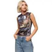 Superdry pour femme. W6011959A Débardeur avec imprimé noir (M), Casuel, Coton, Sans manches / bretelles