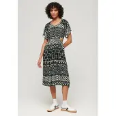 Superdry Dames Noir et Blanc Imprimée Ajourée Robe Mi-Longue Imprimé, Taille: 38