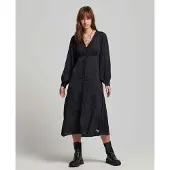 Superdry Lace Trim Long Sleeve Midi Dress Noir XS Femme