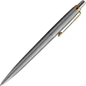 Parker Jotter 70TH ANNIVERSARY GT Stylo bille M Edition Speciale Finition Doree Corps Acier Inoxydable Motif Cisele (Grave au laser) Agrafe Doree Pointe Moyenne Encre Bleue Livre en coffret cadeau