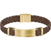 BOSS Bracelet tressé en cuir suédé marron avec plaquette logo