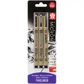 Sakura Pigma Micron fineliner set 3 stylos, 0.25 mm + 0.45 mm + 1 Pigma Brush for free, black (3x)