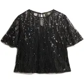 Superdry pour femme. W6011972A T-shirt transparent avec paillettes noires (10), Casuel, Fête, Polyester, Manche courte