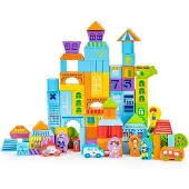 Ecotoys Blocs de bois éducatifs city 100 pcs trieur