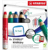 Stabilo MARKdry Coffret de 4 crayons marqueurs pour tableau blanc avec taille-crayon et chiffonnette