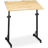 Relaxdays Table Ordinateur Portable Hxlxp: 110 X 80 X 50 Cm Hauteur Réglable Roulettes Table Bout De Canapé Table De Lit Bureau Informatique, Bois Chêne Nature