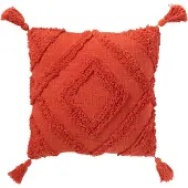 J-Line Coussin tufté+floches coton rouge brique