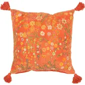 J-Line Coussin carre fleurs+floches velours orange
