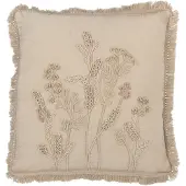Jline Coussin broderie fleurs/franges coton greige