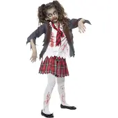 Vegaoo Déguisement - Écolière zombie - Gris/Blanc/Rouge - - 10-12 ans (140-152) - Costumes