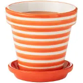 J-Line Flowerpot+plate granada stripes handmade+painted ceramic naranja small