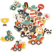 Janod Set d'aimants voitures - Jouets en bois - 24 aimants - Voitures de course