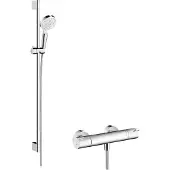 Hansgrohe Système de douche mural Crometta Vario, avec thermostat Ecostat 1001 CL et barre de douche de 90 cm, blanc/chromé