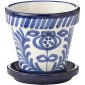 J-Line Flowerpot+plate granada handmade+painted ceramic cobalto blue small