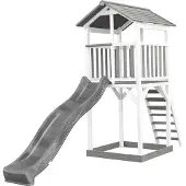 Axi Beach Tower Tour de jeux en bois en blanc & gris | Maison de jeux pour enfants avec toboggan gris et bac à sable | Maison sur pilotis pour le jardin