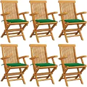 vidaXL Chaises de jardin avec coussins verts 6 pcs. Bois massif teck