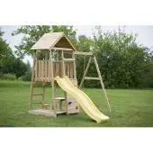 Wendi Toys Maison de jeux pour enfants, tour à grimper "Pelikan" avec toboggan, mur d'escalade, coin salon et balançoire bois / jaune