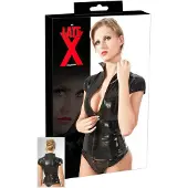 Late X Haut femme à manches courtes en latex avec fermeture éclair (noir)