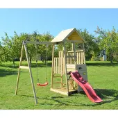 Wendi Toys Maison de jeu pour enfants, tour à grimper "Gorilla" avec toboggan, mur d'escalade, coin salon et balançoire bois / rouge