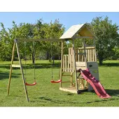 Wendi Toys Maison de jeux pour enfants, tour à grimper "Flamingo" avec toboggan, mur d'escalade, coin salon et 2 balançoires bois / rouge