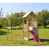 Wendi Toys maison de jeux pour enfants, tour à grimper "Panda" avec toboggan, mur d'escalade et balançoire bois / rouge