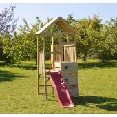 Wendi Toys Maison de jeu pour enfants, tour à grimper "Lapin" avec toboggan et mur d'escalade bois / rouge