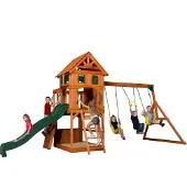 Backyard Discovery Atlantic, Aire De Jeux En Bois | Portique Balançoire Avec Mur D'Escalade, Toboggan Et Balançoire, Bac À Sable | Trapèze, Jeux