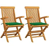 vidaXL Chaises de jardin avec coussins verts 2 pcs. Bois massif teck