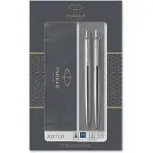 Parker Jotter Duo coffret cadeau avec biros et porte-mine (0.5 mm) | acier inoxydable avec finition chromée | Recharge d'encre bleue