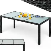 Casaria Table en résine tressée de jardin noir 190x90x75cm verre