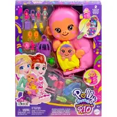 Polly Pocket Poup es et coffret de jeu avec animaux de compagnie et 13 accessoires 2 en 1 Momma Monkey & Baby Sac main portable et jouet animal
