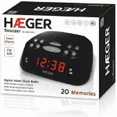 Haeger Snooze - Radio-réveil numérique - Snoozer/fonction sommeil, double alarme, 20 stations préréglées (10 FM / 10 Am), écran LED rouge pour une lecture facile.
