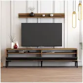 Skye Decor , meuble TV moderne en aggloméré 100 % mélaminé, 180 x 47 x 35 cm | Étagère murale 120 x 11,8 x 16 cm | Pieds métalliques 17 cm | Noyer et anthracite, élégant et fonctionnel.
