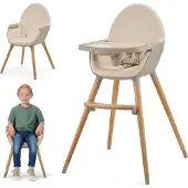 Kinderkraft FINI 2 Chaise haute 2en1 - Plateau réglable - Assise éco-cuir - Pieds en hêtre - Harnais 5 points - Pieds antidérapants - Beige