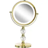 Beliani Miroir de maquillage en métal doré rond double face rotatif avec support lumineux LED grossissement 5x Miroir de maquillage moderne miroir de table