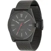 HUGO Montre en acier plaqué noir avec bracelet en maille milanaise