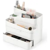 Umbra Grand organiseur de maquillage Glam trois tiroirs avec pieds en caoutchouc et s parateurs amovibles (blanc et gris)