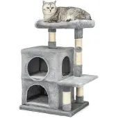 Lionto Arbre à chat pour chats 80 cm, avec 2 grottes, lit de repos & balle de jeu, troncs en sisal pour le soin des griffes, gris clair