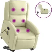 vidaXL Fauteuil de massage avec releveur électrique Crème Cuir véritable