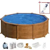 Gre Piscine ronde en acier aspect bois KITPR458WO – Ø 460 x 132 cm, kit complet + nettoyeur électrique de piscine VCB50 OFFERT