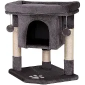 Lionto Arbre à chat pour chats 60 cm, avec grotte douillette, boules en peluche & troncs en sisal robustes, peu encombrant & moderne, gris foncé
