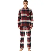 Schiesser Pyjama long 'Selected Premium Warming' bleu marine / rouge