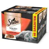 Sheba Selection Juicy Flavours sachets 48x85g nourriture complète humide pour chats adultes en sauce avec poulet et bœuf, poulet, agneau, canard et dinde