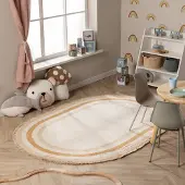 Little Olly Tapis ovale lavable pour enfant - Milo Beige | 200x300 cm | Ovale | Pile courte
