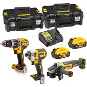 DeWalt Pack 3 outils 18V DCK384P2T-QW : perceuse-visseuse à percussion DCD796, meuleuse Ø125mm DCG405 et visseuse à choc DCF887 avec 2 coffrets et 2 batteries