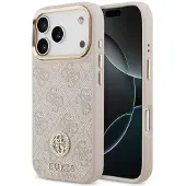 GUESS Coque arrière en cuir avec logo Strass classique et MagSafe Apple iPhone 17 Pro - Rose