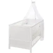 Roba Lit Bébé Évolutif Complet 70 X 140 Cm - Matelas Et Textiles Inclus - Hauteur Réglable - Bois Blanc