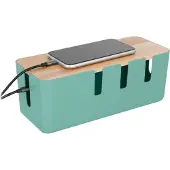Relaxdays Boîtier de rangement pour câbles , pour 2 multiprises, couvercle en bois, plastique, pour dissimuler les câbles, D x L x H : 11,5 x 30,5 x 12,5 cm, couleur menthe